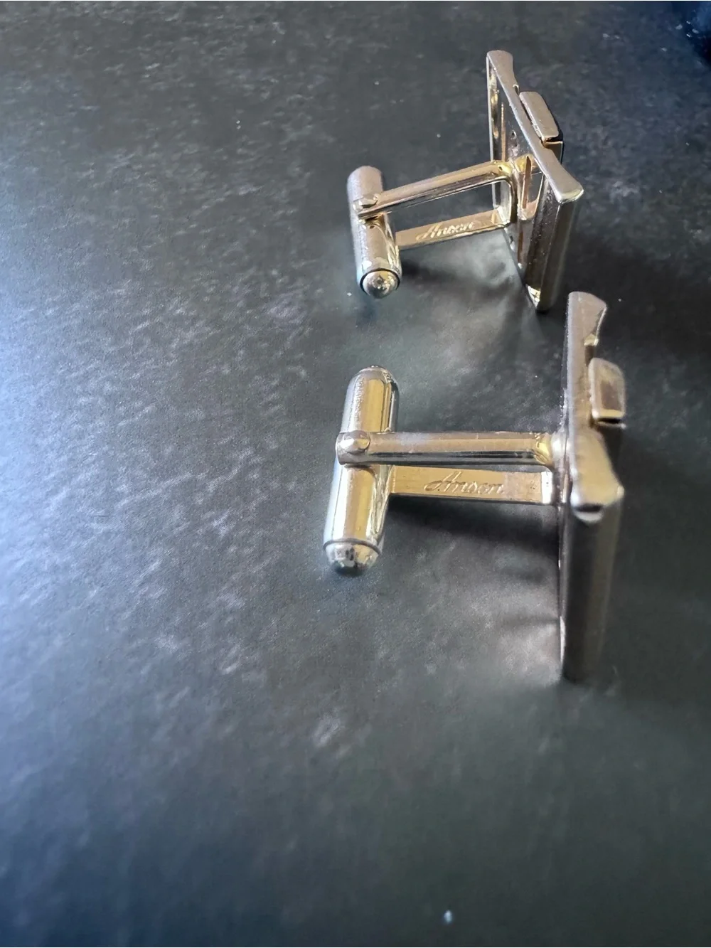Vintage Anson Cufflinks Tie Clip Bar Set MCM Gold Tone Black Onyx Rhinestone USA